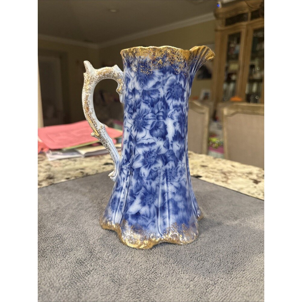 Antique Flow Blue Warwick China Chocolate Pot with Gilt Floral Pansy MISSING LID
